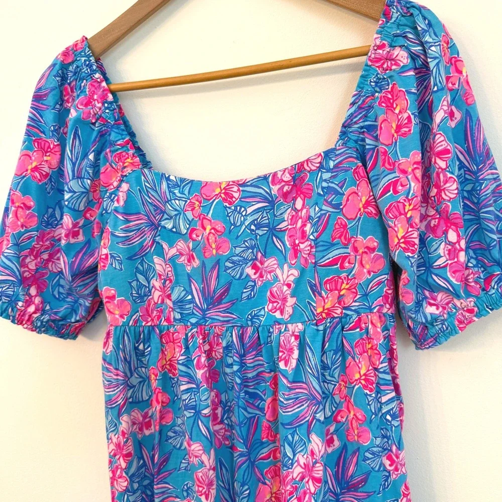 Lilly Pulitzer Floral Cotton Dress‎ Size 8 Blue Pink Tropical Puff Sleeve Resort